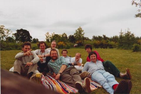 Malloch Society members at Chatelherault Country Park in 1989: left to right David Horsfield, Iain McGowan, David Robertson, Geoff Hancock, Graham Rotheray, Kenn Watt, Steve Hewitt, Richard Lyszkowski.